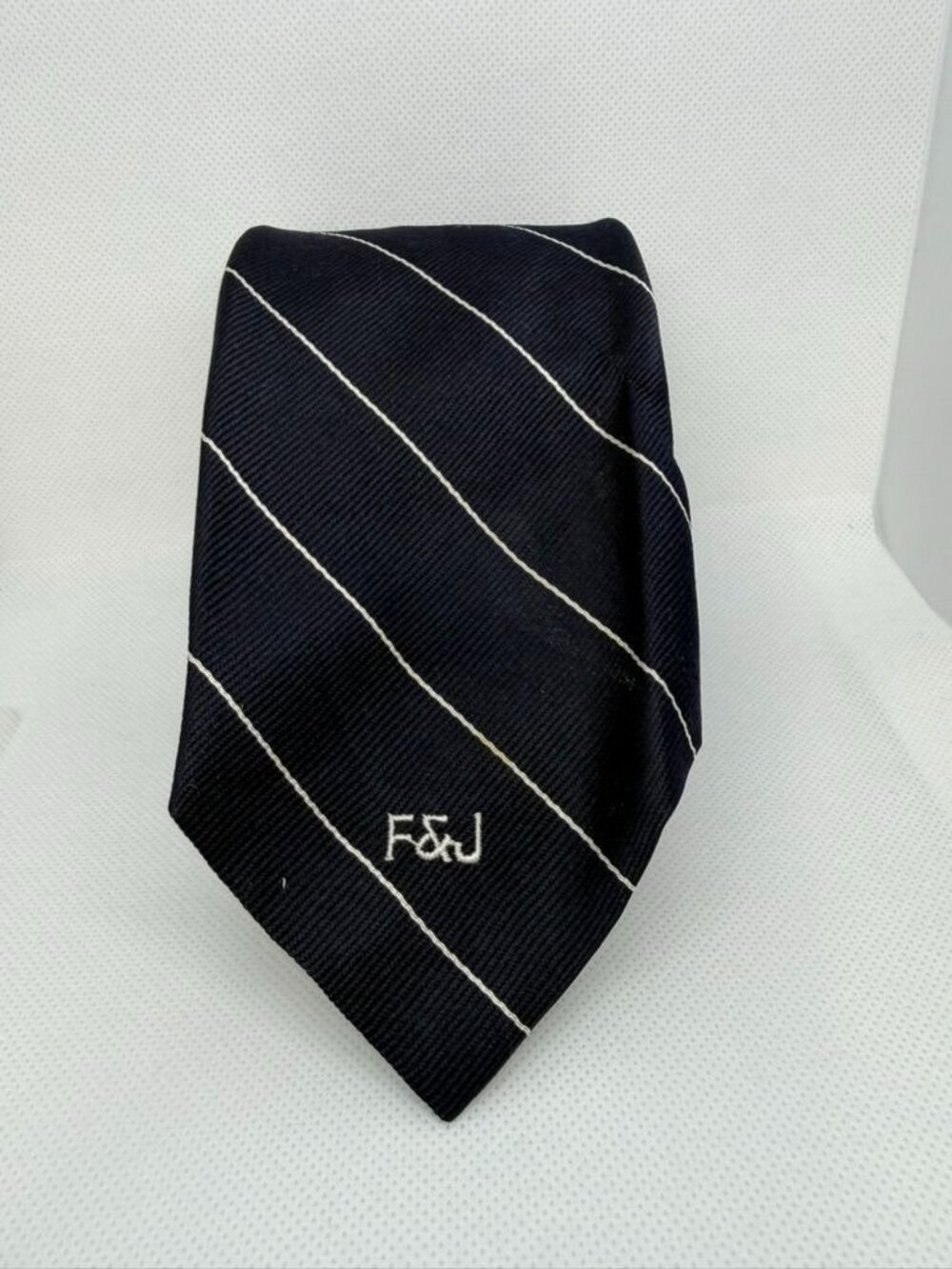 Reis Of New Haven Handmade Navy Silk Tie With White Stripes & F&J Embroidery